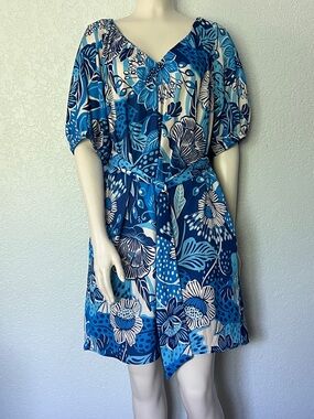 Alex Marie Royal and Sky Blue Floral Dress Large Belted Pockets Summer Mini NWT